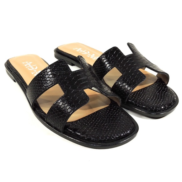 ALESSANDRO DI MARIA 🇮🇹 WOMEN'S BLACK LEATHER FLAT SUMMER SANDALS - Picture 2 of 8